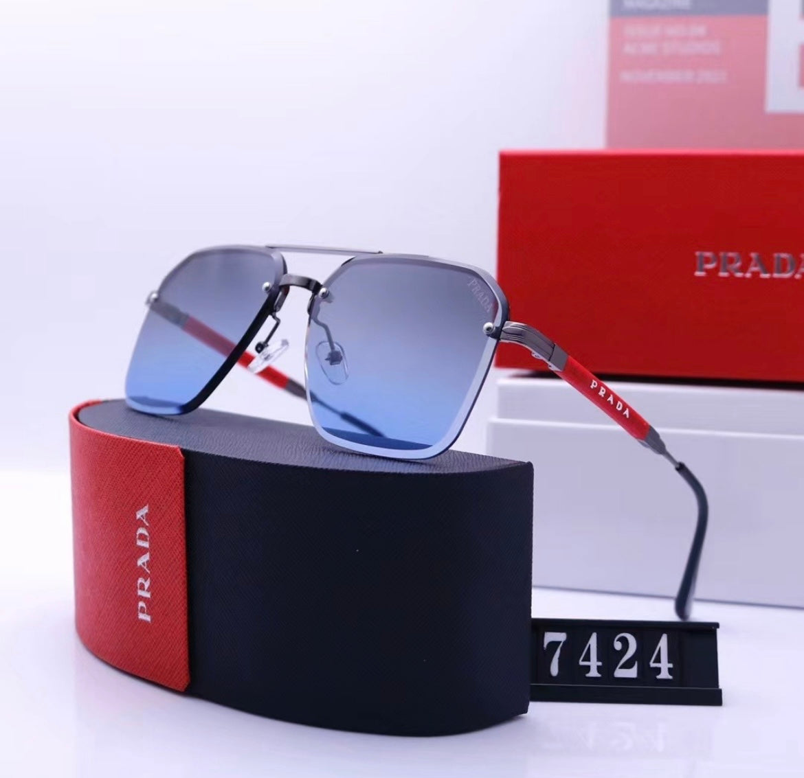 Prada Blue Gradient Rimless Square Sunglasses