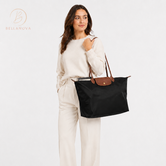 Longchamp Le Pliage Tote Bag - Black ( Brown Handles )